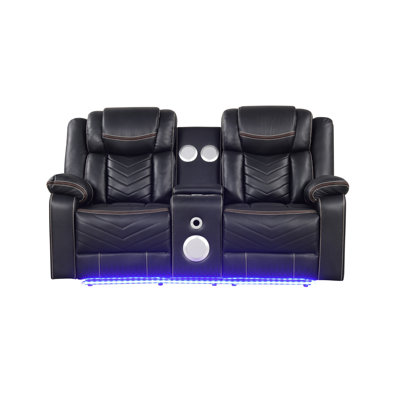 Causeuse inclinable électrique contemporaine avec console, rangement, porte-gobelet en acier inoxydable et haut-parleur Bluetooth noir