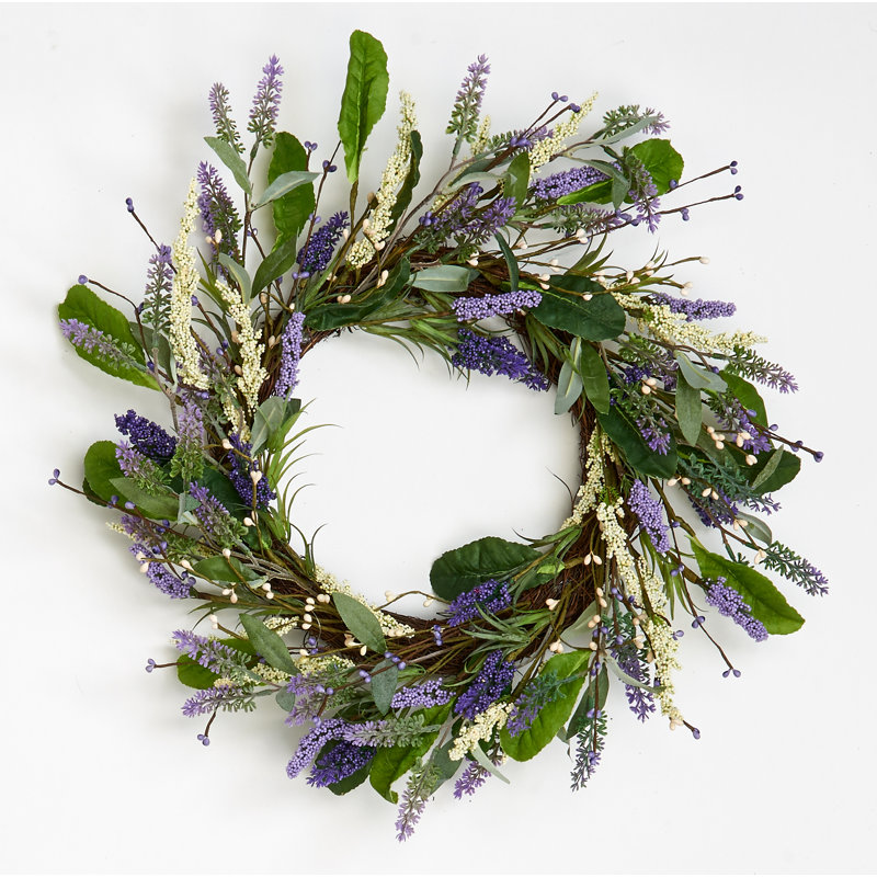 Couronne de lavande 20 po avec feuilles sur une base de brindille naturelle