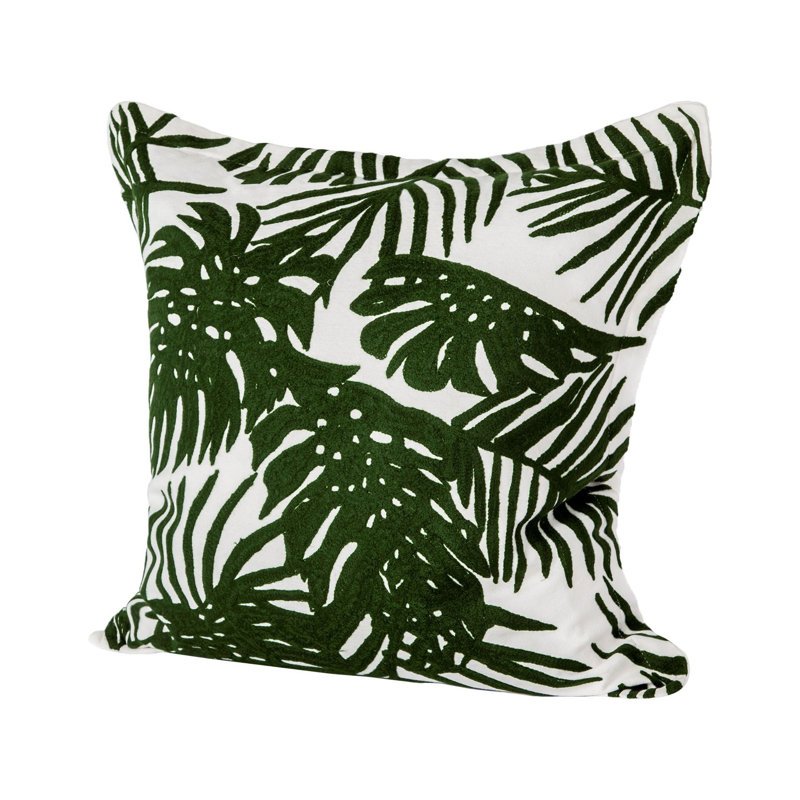 Green Tropical Palm Leaf Embroidered Pillow Cover 20"