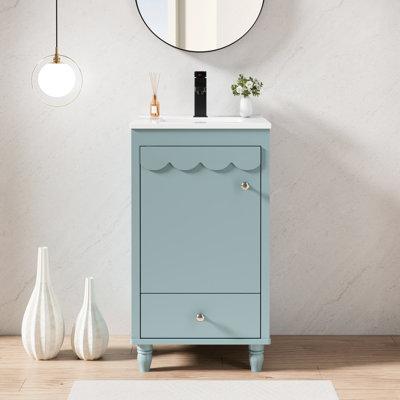  18" Small Single Bathroom Vanity With Ceramic Sink Top, Faucet, Decorative Wavy Edge