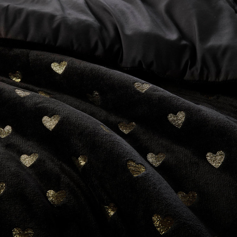 Ensemble d'édredon en peluche à imprimé métallique double / grand 4 pièces avec coussin décoratif noir / or, Black