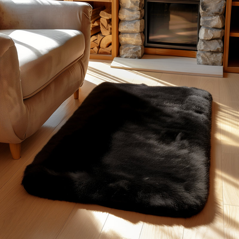 Cozy Faux Rabbit Fur Area Rug Machine Washable Rug in Black, Rectangle 2' x 3'