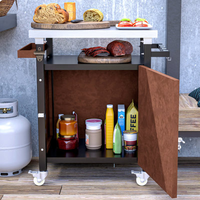 Chariot de barbecue extérieur avec plateau en acier inoxydable, rangement, îlot de cuisine de patio avec roulettes, crochets et étagère à épices, table de barbecue extérieure imperméable, chariot de service mobile pour barbecue