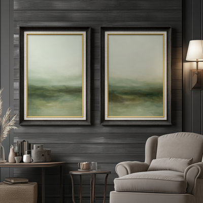 «Soft Green Abstract Misty Landscape», ensemble de 2 reproductions d'art encadrées sur papier de qualité supérieure 26 po x 36 po