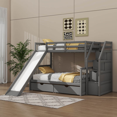 Twin Over Full Wood Bunk Bed With Slide Storage Staircase And Two Drawers