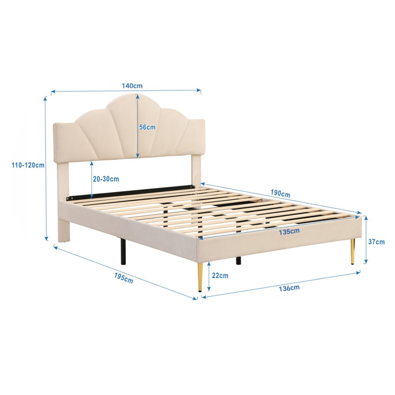 Aarna Velvet Upholstered Bed, Double (140 x 195 xm), Beige