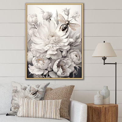 «White Buzzing Bees Flowers 2», art mural insectes et insectes