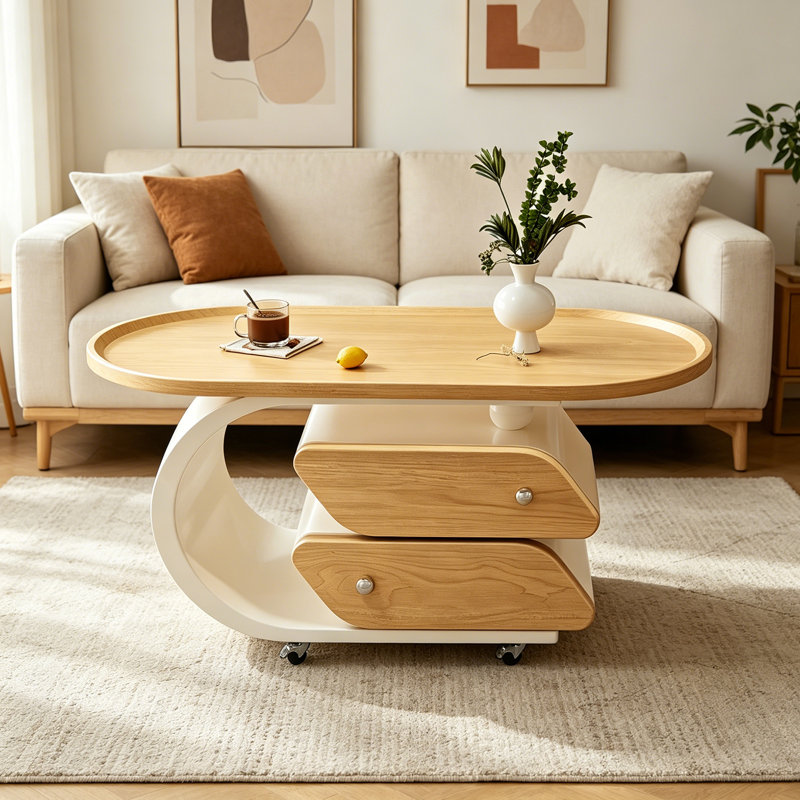 Table basse mobile moderne avec rangement à roulettes, 19.68" H x 31.49" W x 15.74" D, Naturel / Blanc
