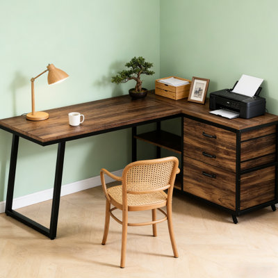 Bureau polyvalent en forme de L pour les espaces restreints, 2 petits tiroirs, 1 grand tiroir et des tablettes ouvertes, structure, bureau à installation simple, différentes configurations de pièces réversibles, brun rustique et noir