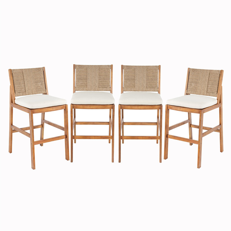 4 pièces Tabouret de bar d'extérieur naturel en bois d'acacia massif et osier tissé