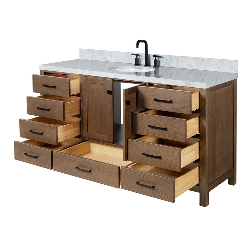 Meuble-lavabo sur pied simple 67 po avec plateau en marbre Grevera, Rectangular, Chêne brun
