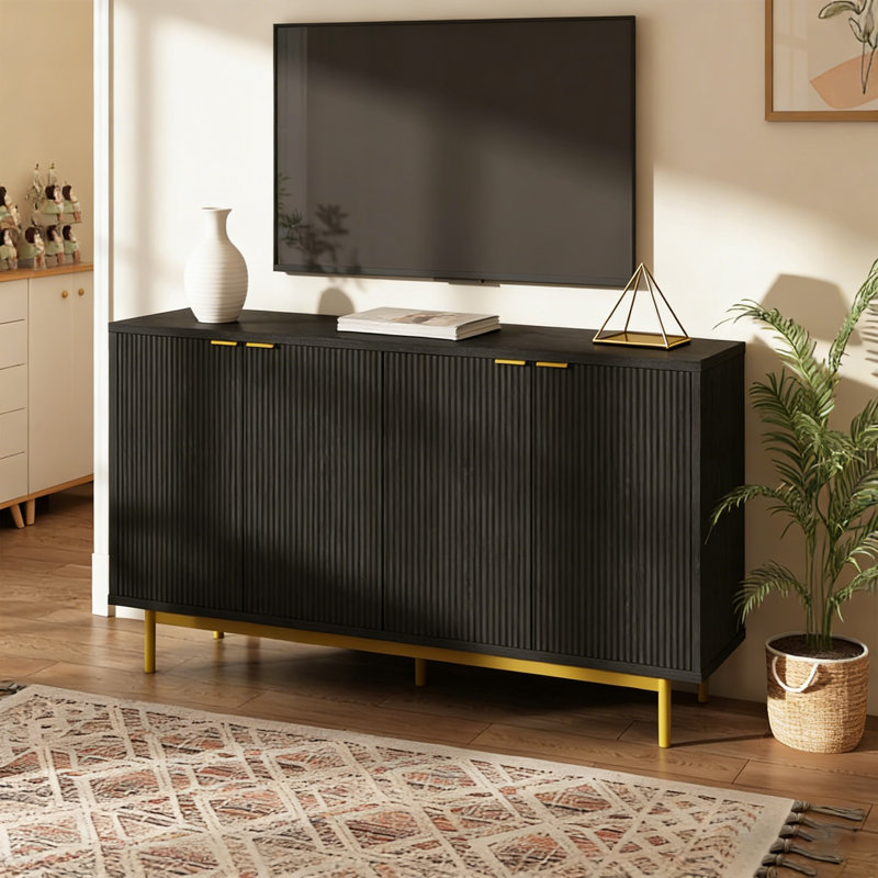 58" Sideboard Buffet - Fits 70" Tvs, Removable And Adjustable Shelves, Multi-Functional Storage Cabinet, Black