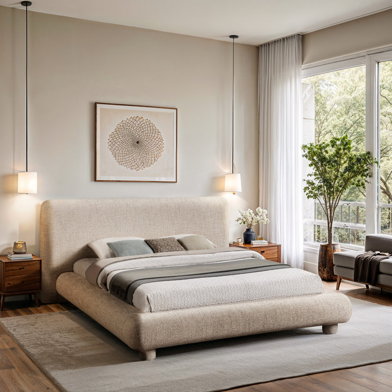 Lit en tissu Huckstep, Tissu en polyester beige, King