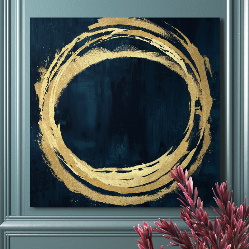 Cercle bleu et or abstrait 1, H 36 po x l 36 po x P 1,25 po, Imprimé à cadre argenté, Oui