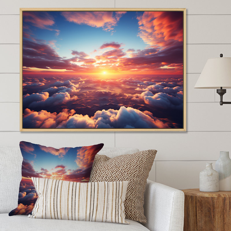 Jaune et rose coucher de soleil dans le ciel II - art mural ciel, H 16 po x l 32 po x P 1 po, Cadre flottant blanc