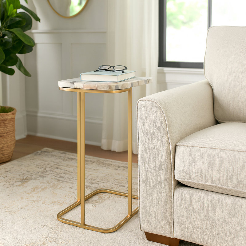 Apolaya Side Table with Agate Top and Gold Metal Base, C-Shaped End Table for Living Room, Modern Accent Table, 24", White