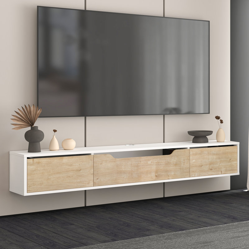 Luna Floating Tv Stand For Up To 80" Tv Wall Mounted Media Console, White/Natural Wood