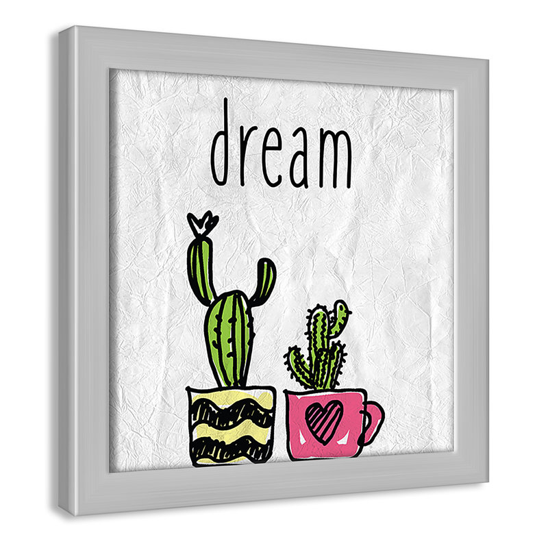 «Cacti A», art encadré, 8" H x 8" W x 1.18" D, Encadré de boîte argent