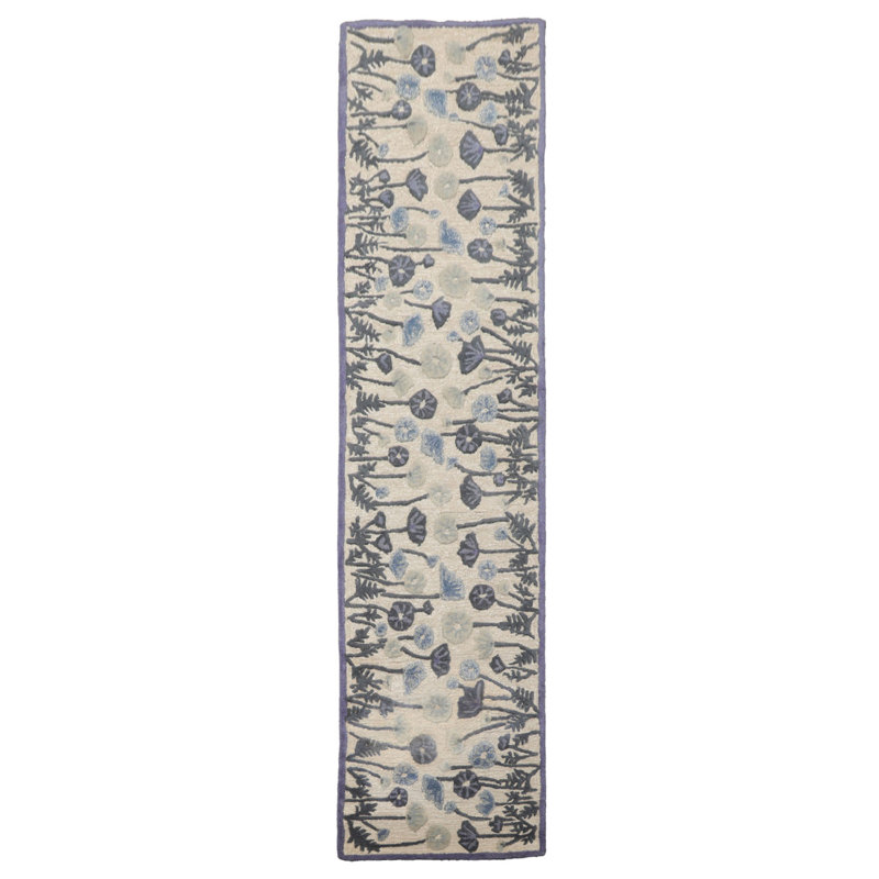 Beige Wool and Silk Oriental Multi Sizes Contemporary Botanical Hand Tufted, Runner 2'3" x 10'
