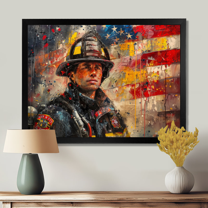 «Patriot Firefighter Hero I - Fireman Wall Art Living Room», Toile encadrée noire simple, H 12 po x l 20 po x P 1 po