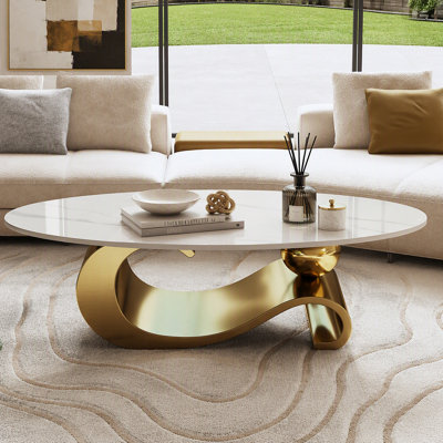 Table basse ovale en faux marbre de 49,2 po, base contemporaine en acier inoxydable doré, table centrale moderne pour le salon