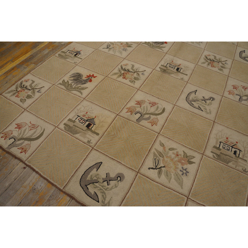 Grand tapis crocheté antique en laine ivoire