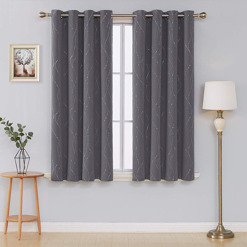 Senath Dotted Line Foil Printed Room Darkening Thermal Curtains, Dark Grey, 117cm W x 183cm D