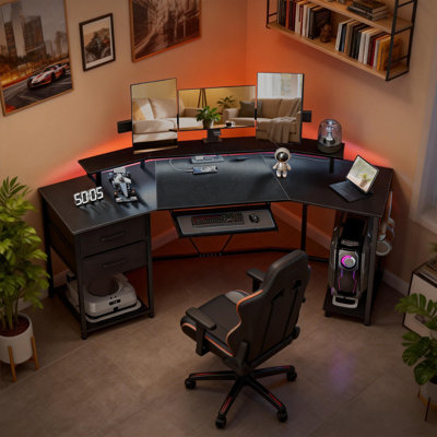79 inch Gaming Desk, Industrial Computer Desk with RGB Lights, Black
