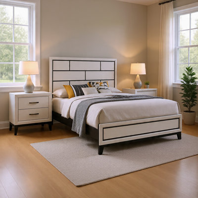 Ensemble de chambre à coucher grand lit, blanc, noir, bois de nickel, ensemble de 2 pièces avec table de chevet
