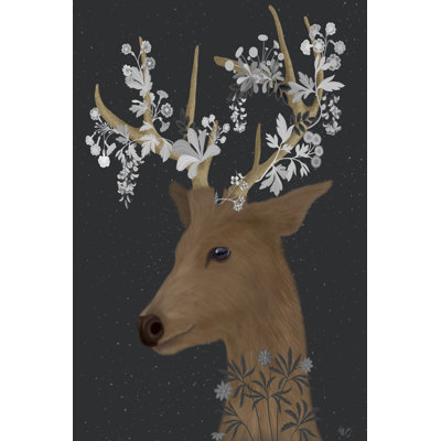 Deer, White Flowers by Fab Funky - Wrapped Canvas Painting