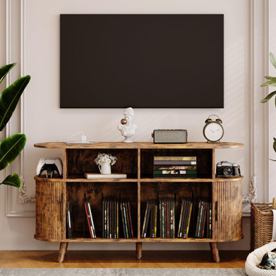 55 po Grand tourne-disque rond 55 po avec station de charge et ports USB, meuble de rangement pour tourne-disque en vinyle Mid-Century