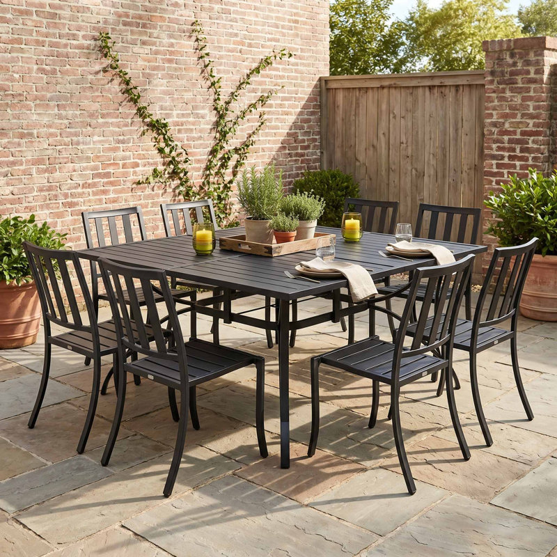 8-Seat Outdoor Patio Dining Table, Built-In Umbrella Hole & Weather-Resistant Anti-Fade Finish, Rust-Proof Reinforced Frame, Fits Porch, Backyard Lawn