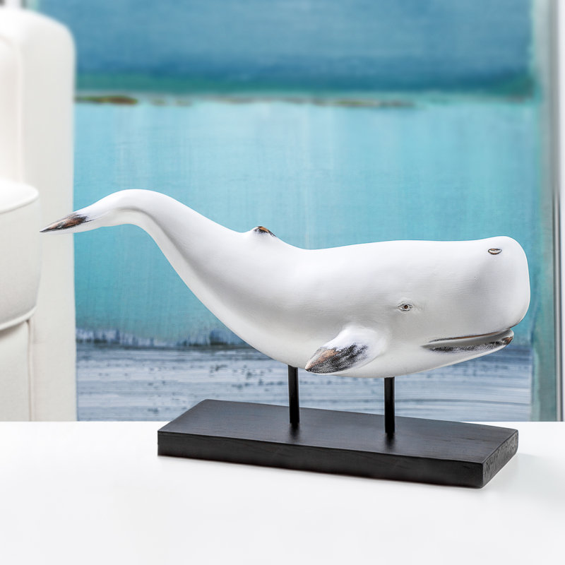 Nautical Whale Statue with Rustic Finish on Display Stand, White