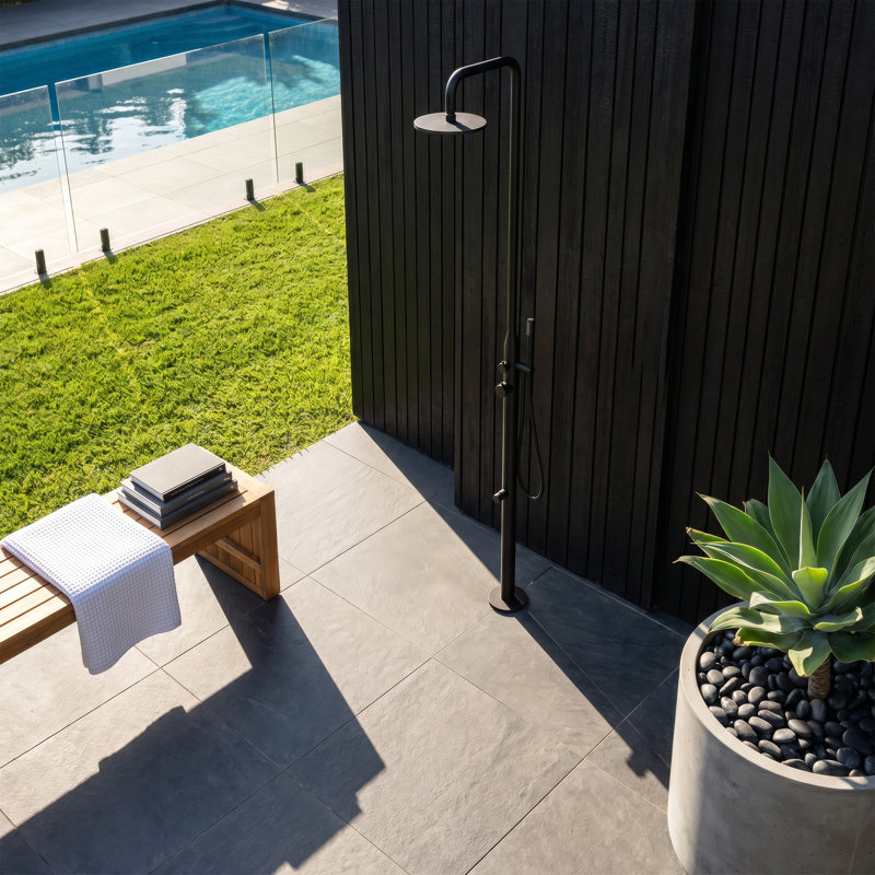 Pipeline 10-in Outdoor Shower System with Hot and Cold Connections Handshower and Foot Spout Matte Black