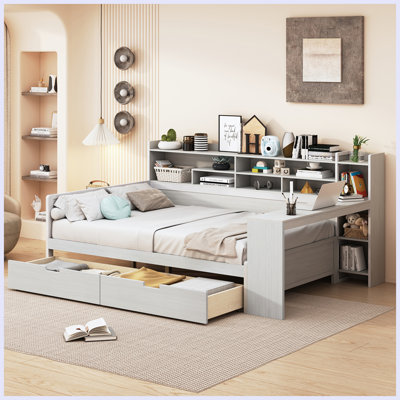 Multi-functional Storage Platform Bed With Desk