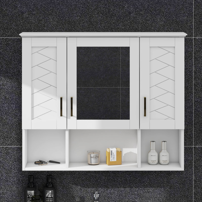Armoire de salle de bain avec miroir, armoire à pharmacie murale avec tablettes réglables et espaces ouverts, Blanc