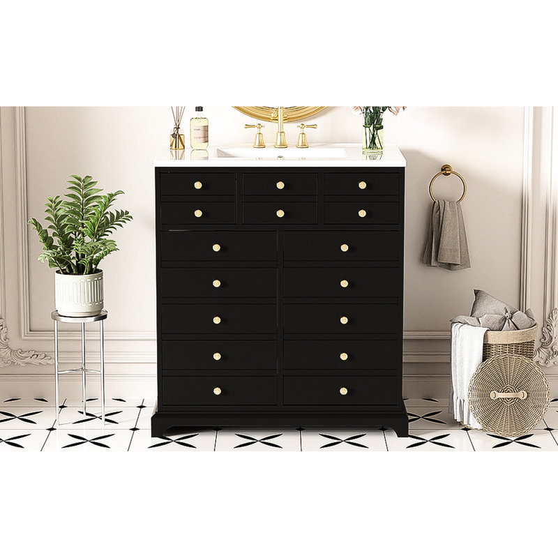 Meuble-lavabo noir de 30,86 po avec cadre en bois massif, lavabo en céramique, 2 tiroirs, portes, rangement spacieux, look rétro, poignées en métal, charnières, glissière lisse, meuble-lavabo facile à assembler de 30 po, noir, extension