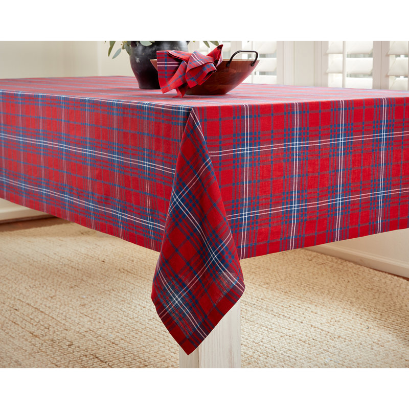 Red Tartan Plaid - 100% Pure Linen Christmas Tablecloth, 120" x 60"