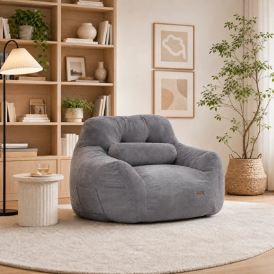 Oversize 46" Faux Fur Tufted Compression Bean Bag Chair with Pillow & Pocket, Memory Foam Filled