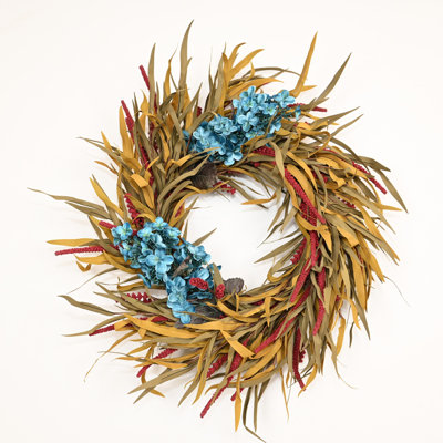 Couronne de blé artificielle 24 po avec baies de blé, hortensia, décoration florale pour porte d'entrée, jour de l'Action de grâce