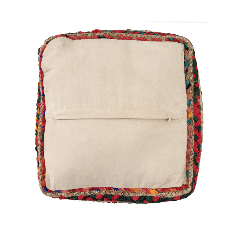 Chindi Bohemian Striped Handmade Chindi/Jute Square Ottoman Pouf, Blue/Green/Red/Pink/Orange/Tan