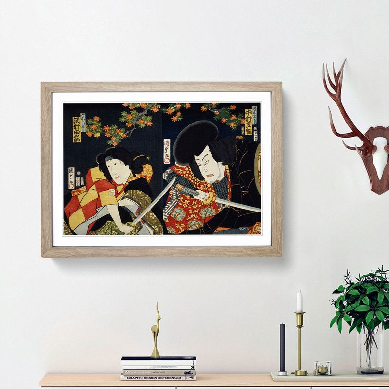 Two Actors with Samurai Swords by Toyohara Kunichika - Picture Frame Painting Print, Oak Framed, 48cm H x 65cm W x 2cm D