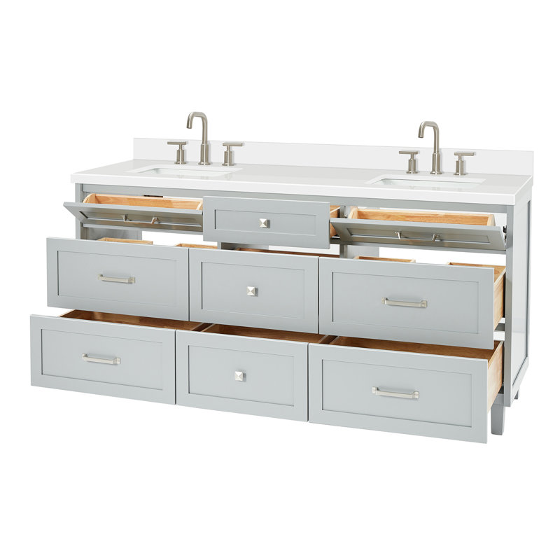 Meuble-lavabo double avec comptoir en quartz pur ARIEL Monroe 73, Gris