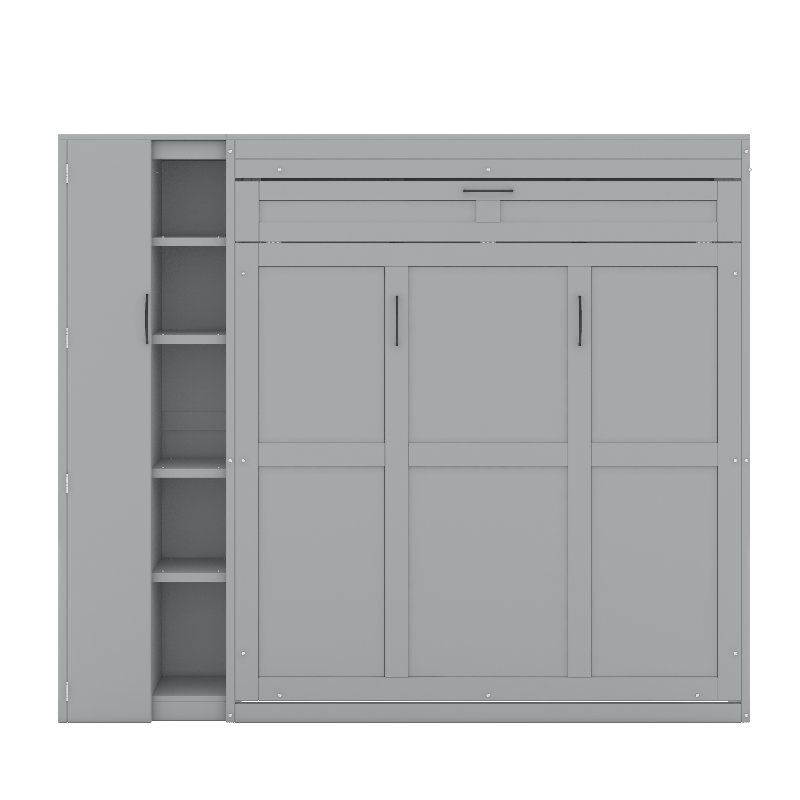 Gulshara Murphy Bed Wall Bed With Shelves, Wardrobe And LED Lights, Gray, Queen
