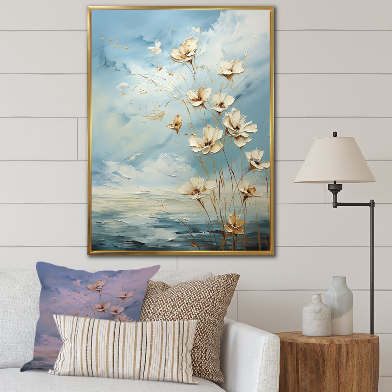 Encre liquide blanche et bleue III - Fleurs, art mural, Cadre flottant doré, H 44 po x l 34 po