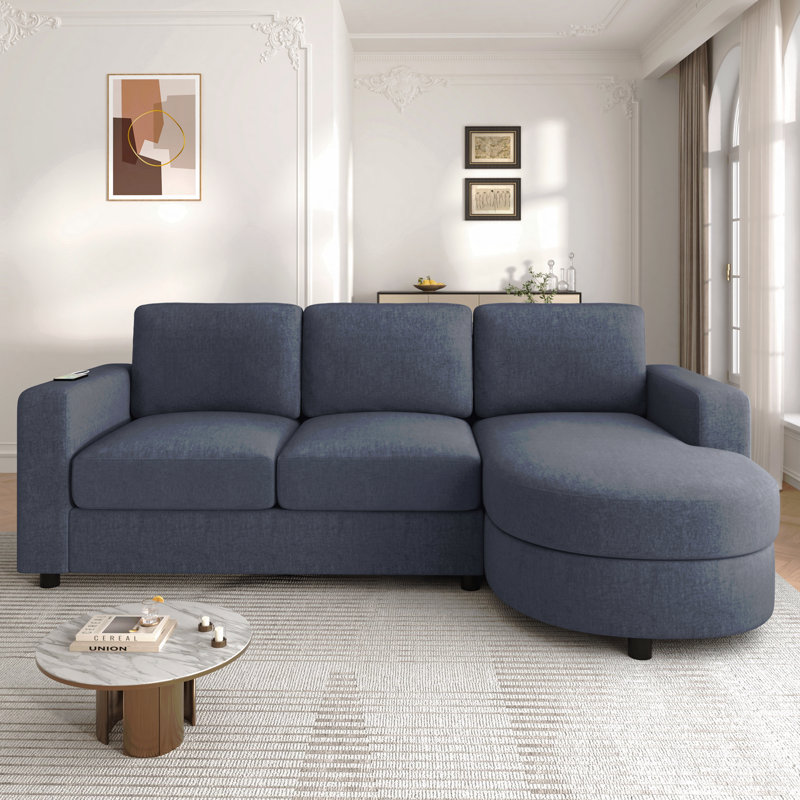 Canapé modulaire moderne en L de 84,6 po avec méridienne incurvée, ports USB et poches de rangement latérales pour le salon, bleu