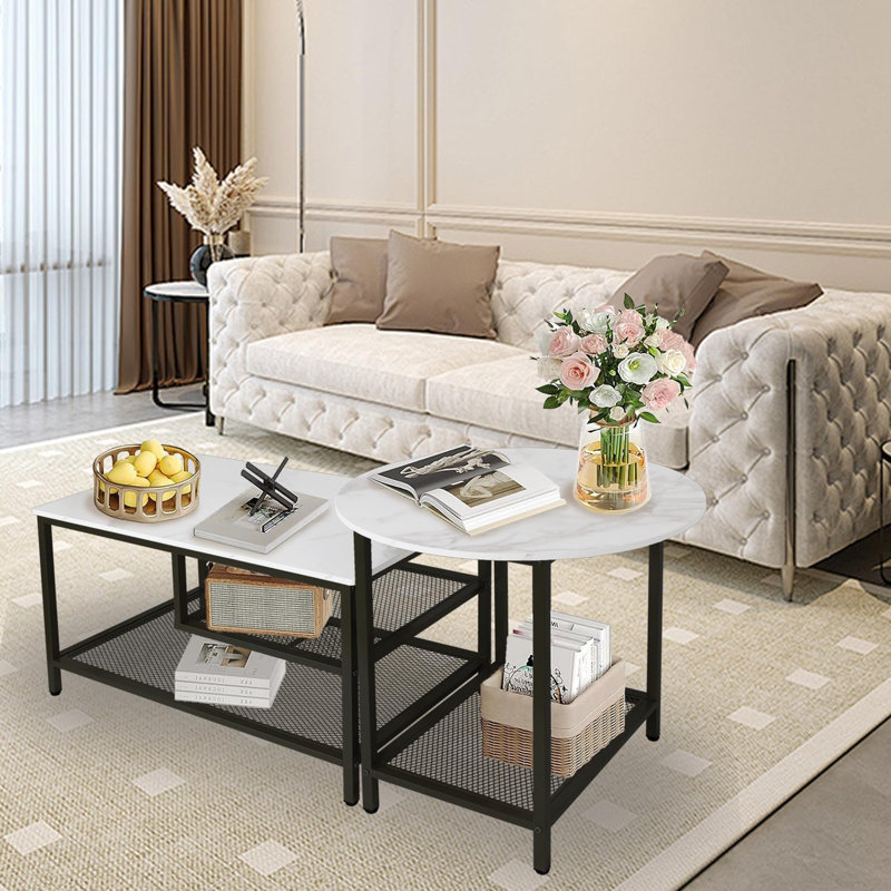 Nesting Table Set Of 2, Modern Round End Table & Rectangular Coffee Tables For Living Room Apartment, Black