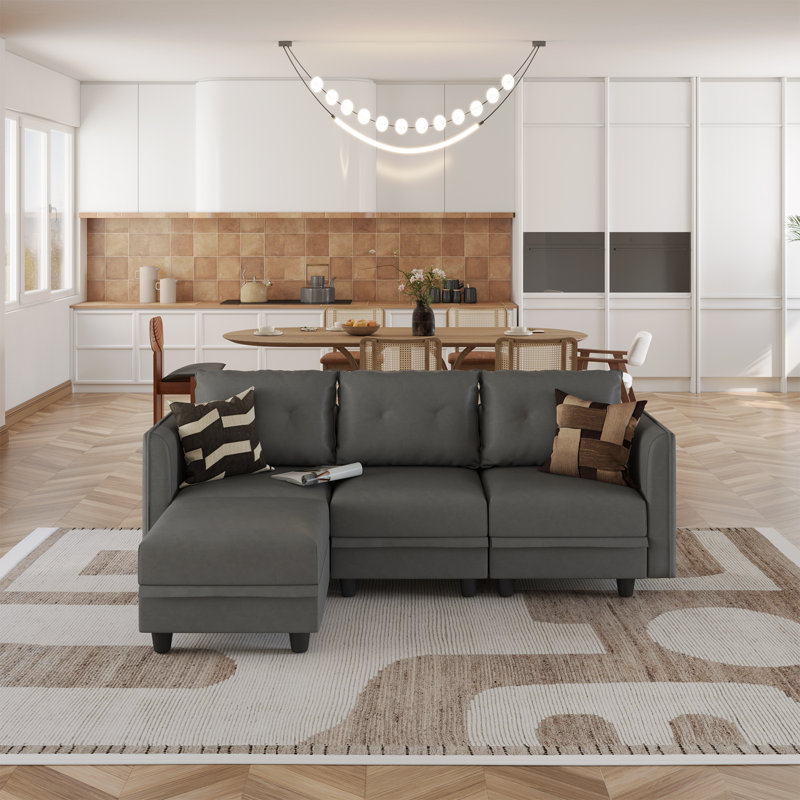 Tomario 4- Piece Upholstered L-Shaped Modular Sectional With Storage, Gray Polyester
