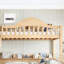 Lit simple superposé au dessus d'un lit double avec rangement, garde-corps courbés et tablettes latérales, structure en bois massif, aucun sommier nécessaire-134228584-134228585