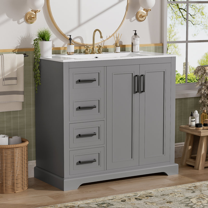 36" Freestanding Bathroom Vanities with Single Sink, Gray / Black